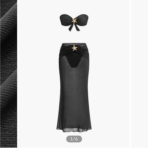 Black bikini Two-Piece Swimsuit & cover up skirt with Gold starfish Accents